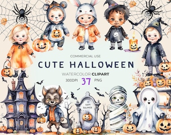 Halloween Watercolor Clipart Set – 37 PNG Graphics (Digital Download