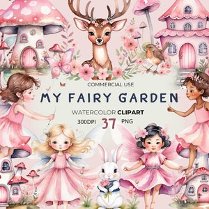 Zestaw clipartów wróżek akwarelowych - Enchanted Forest Graphics, Fairytale PNG, Pink Fairy PNG, Mushroom Clipart