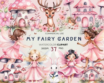 Watercolor Fairy Clipart Bundle: Enchanted Forest PNG Graphics