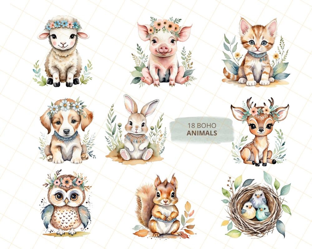Boho Woodland Baby Shower Clipart Bundle - Watercolor Forest Animals ...