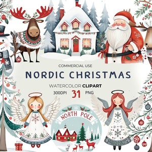 Nordische weihnachtliche Clipart Bündel - Weihnachtsmann, Elfen, Engel, Bäume, Rentiere, Kränze