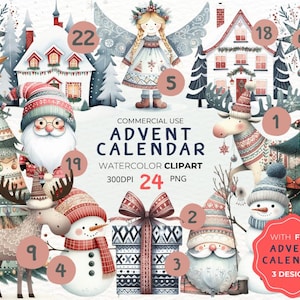 Scandinavian Christmas Advent Clipart: Nordic Snowman, Reindeer (PNG)