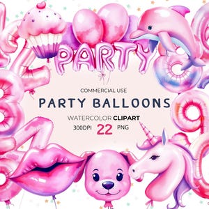Clipart de globo de cumpleaños / Globo de aluminio rosa, Clipart de cumpleaños de unicornio, PNG de delfín, Clipart de letras, Clipart de números, Clipart de celebración