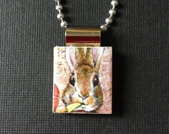 Bunny jewelry, Peter Rabbit necklace, Beatrix Potter jewelry, handmade Easter jewelry, recycled scrabble tile jewelry, rabbit pendant, gift