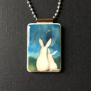 Bunny jewelry, two bunnies necklace, rabbit jewelry, hand made bunny pendant, Easter gift, Mother's Day gift, recycled mahjong tile jewelry