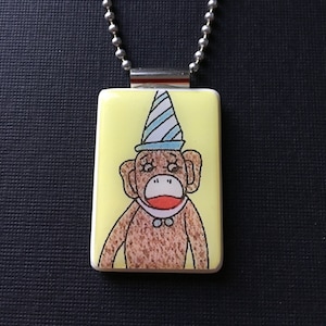 Sock Monkey Jewelry, sock monkey pendant, sock monkey necklace, handmade sock monkey, recycled mahjong tile jewelry, handmade jewelry, gift