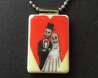 Day of the Dead Jewelry, Bride and Groom Jewelry, Wedding Jewelry, El Dia De Los Muertos pendant, handmade day of the dead necklace, mahjong