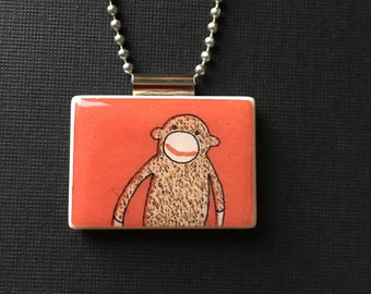 Sock Monkey Pendant, sock monkey jewelry, handmade sock monkey necklace, recycled mahjong tile, handmade jewelry, great gift