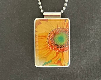 Georgia O'Keeffe image on handmade pendant on long ball chain, mahjong tile, sunflowers