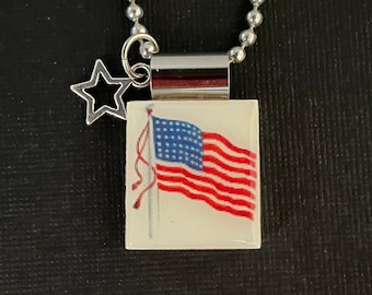 american flag pendant handmade from recycled scrabble tile on long ball chain with star charm, u.s. flag jewelry, patriotic jewelry