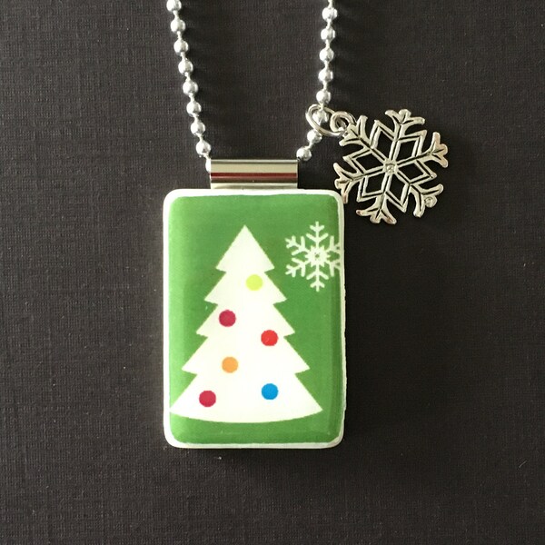 christmas tree jewelry, handmade on mahjong tile with long ball chain and snowflake charm