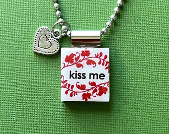 valentines day jewelry, handmade valentine jewelry, valentine necklace, kiss me pendant, recycled scrabble tile jewelry, heart charm, gift