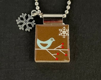 blue bird on a branch handmade scrabble tile pendant, winter jewelry with long ball chain and snowflake charm