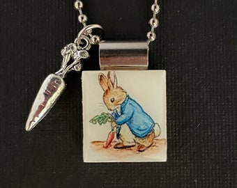 Beatrix Potter Easter Bunny Jewelry on Long Chain, carrot charm, Handmade Scrabble Tile Bunny Jewelry