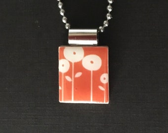 modern orange and white poppy pendant on recycled scrabble tile, handmade jewelry on long ball chain