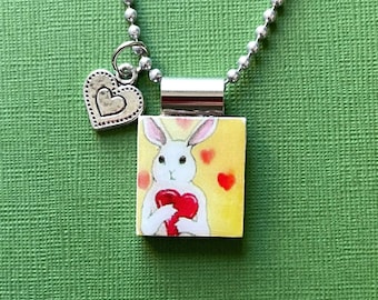 Valentine bunny pendant, handmade valentine jewelry, easter necklace on long ball chain with heart charm