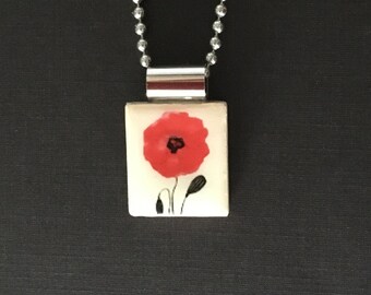 handmade recycled scrabble tile pendant with red poppy on long ball chain