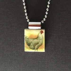 May include: A silver chain necklace with a square pendant featuring a vintage illustration of a hen.