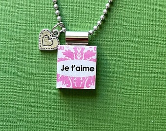 French valentine jewelry, je t'aime pendant, french pendant, valentine gift, handmade valentine jewelry, scrabble tile jewelry, heart charm