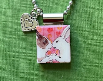 bunny necklace, handmade valentine jewelry, two bunnies necklace, recycled scrabble tile jewelry, valentine gift, rabbit jewelry, bunny gift