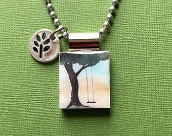 handmade tree swing pendant on recycled scrabble tile with long ball chain and modern tree charm