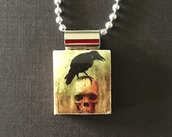 skull and raven handmade halloween scrabble tile jewelry on long ball chain