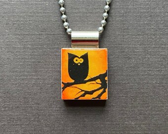 Owl pendant on recycled scrabble tile and long chain, perfect for Halloween gift