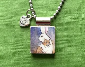bunny and kitty pendant, handmade bunny jewelry, mother’s day gift, recycled scrabble tile jewelry, heart charm