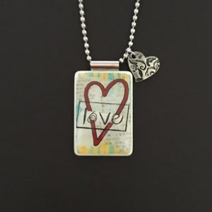 handmade valentine pendant on mahjong tile with heart charm and long ball chain