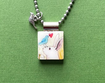 handmade bunny necklace with heart charm perfect for valentine's day or easter, recycled scrabble tile jewelry
