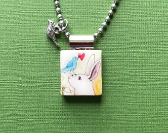 handmade bunny necklace with tiny bird charm perfect for valentine's day or easter, recycled scrabble tile jewelry