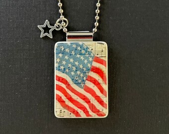American flag pendant with star charm and long ball chain, patriotic jewelry