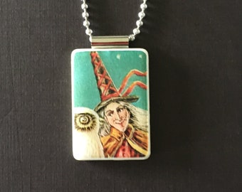 vintage halloween witch pendant made from mahjong tile on long ball chain, halloween witch pendant