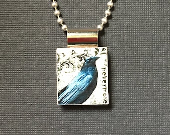 Nevermore Raven Pendant, crow pendant, Halloween Raven Necklace, Handmade Scrabble Tile Jewelry, Halloween Crow Pendant, Halloween gift