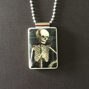 halloween skeleton pendant, handmade skeleton jewelry on mahjong tile and long ball chain image 3