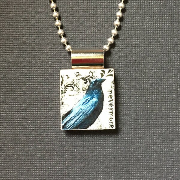 Nevermore Raven Pendant, crow pendant, Halloween Raven Necklace, Handmade Scrabble Tile Jewelry, Halloween Crow Pendant, Halloween gift