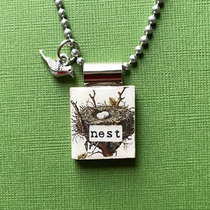 bird nest pendant with bird charm, recycled scrabble tile jewelry on long ball chain