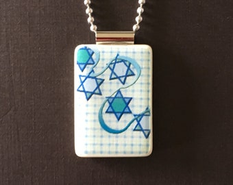 handmade jewelry for hanukkah on mahjong tile with long ball chain, chanukah necklace