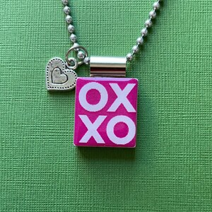 XO scrabble tile pendant on long ball chain with heart charm, handmade Valentine gift