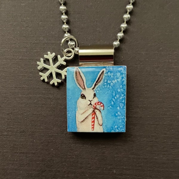 winter bunny with candy cane recycled scrabble tile pendant on long ball chain with snowflake charm