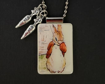Beatrix Potter pendant with two carrot charms, handmade easter jewelry, bunny necklace, rabbit necklace, recycled mahjong jewelry