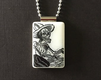 dia de los muertos jewelry on long ball chain, handmade day of the dead necklace on mahjong tile