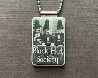 Black Hat Society Pendant, three witches from Macbeth jewelry, Halloween necklace on long chain