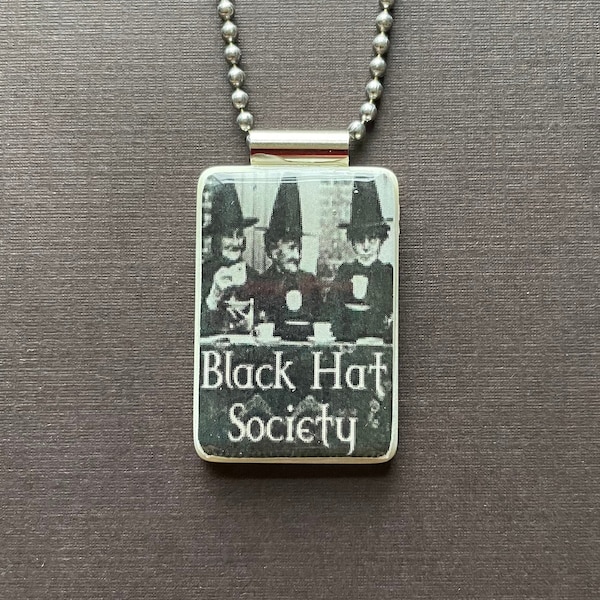 Black Hat Society Pendant, three witches from Macbeth jewelry, Halloween necklace on long chain