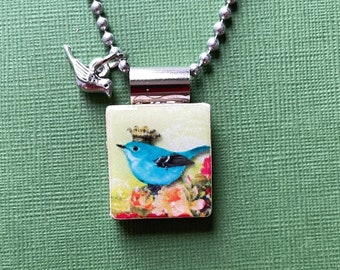 handmade bluebird with crown scrabble tile pendant on long ball chain with small bird charm