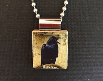 Crow jewelry, raven pendant, handmade crow pendant, halloween jewelry, handmade scrabble tile jewelry, handmade raven necklace