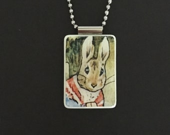 Easter Bunny Beatrix Potter Handmade Mahjong Jewelry on Long Chain