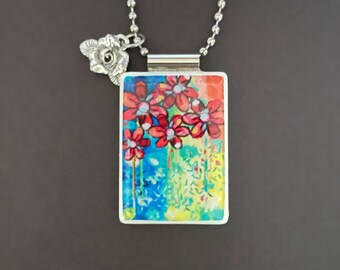 Handmade floral pendant with red daisies on long ball chain and flower charm, mahjong tile jewelry