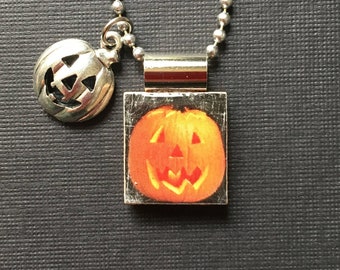 Jack-o-Lantern Pendant, Halloween Pumpkin Necklace, handmade scrabble tile jewelry, Halloween Jewelry, Halloween Gift, Pumpkin charm