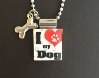 I love my dog handmade scrabble tile pendant on long ball chain with dog bone charm